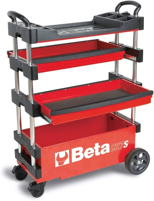 Beta C27S Collapsible Rolling Tool Cart | Heavy-Duty Mobile Metal Tool Trolley with Locking Drawers, 4” Steering Wheels, Brake System | Thermoplastic Worktop | Red