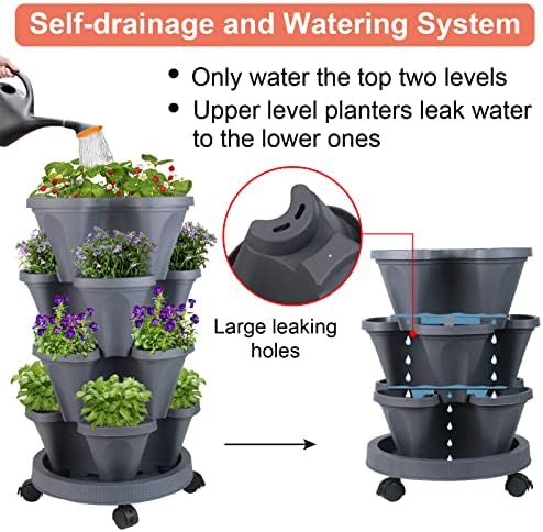 GameXcel Vertical Planter Tower - 4 Tier Stackable Garden Planters with Wheels and Tools Plant Pots for Strawberry Herb Flower and Vegetable Indoor Outdoor Use Dark Gray