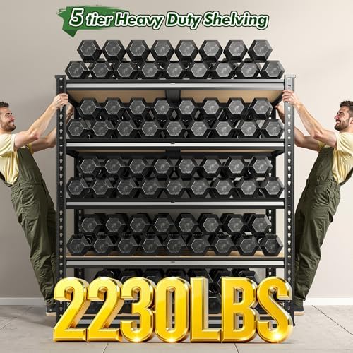 72.2" H Garage Shelves 39.3" W x 19.5" D Storage Shelf, 5 Tier Adjustable Metal Shelf, Heavy Duty Shelving for Storage, Basement, Warehouse, Pantry, Shed, 2230LBS, Black