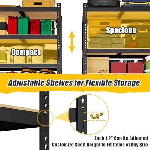 48" W x 18" D x 72" H Garage Shelving Heavy Duty - 5 Tier Metal Storage Shelves, Adjustable Shelving Unit, Utility Rack Shelf for Pantry, Warehouse, Closet, Office, Kitchen, Black