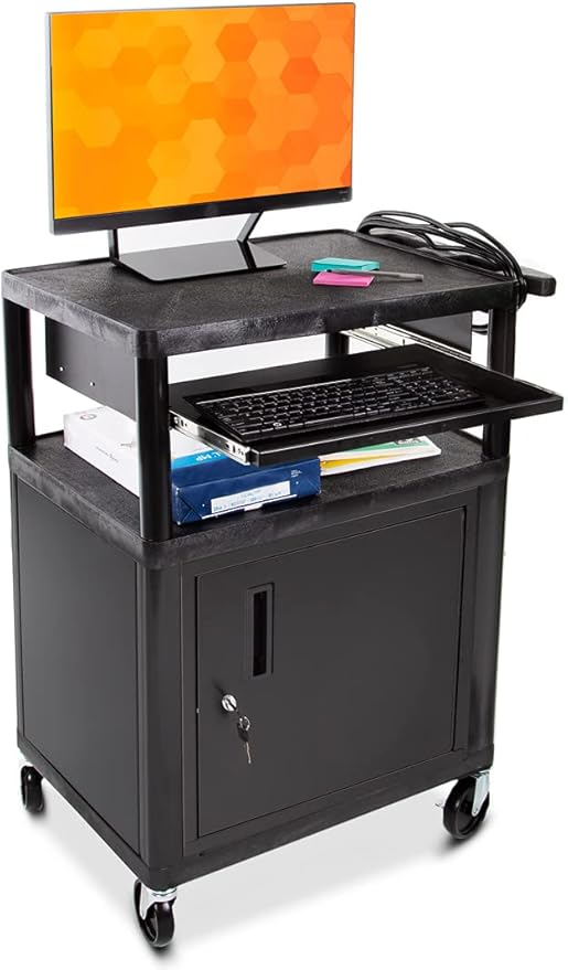 Line Leader Plastic AV Cart with Keyboard Tray and Locking Metal Cabinet, Heavy Duty Mobile Workstation with 4 Rolling Casters, 2 Locking Brakes, Heavy Duty, Holds up to 100 lbs (34 Inch w Cabinet)