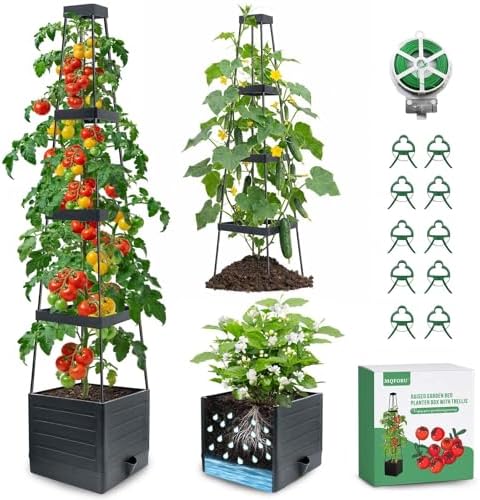 MQFORU 2Pack Raised Garden Bed Planter Boxes with Trellis, 57" Self-Watering Tomato Planter Boxes with Trellis for Climbing Vegetable and Plants, Tomato Cage for Indoor Outdoor Use