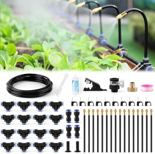 Kalolary 1/4" Drip Irrigation System, Garden Watering System with 16pcs Adjustable Copper Nozzles Automatic Atomizing Watering Sprinkler System for Yard Lawn Outdoor Irrigation