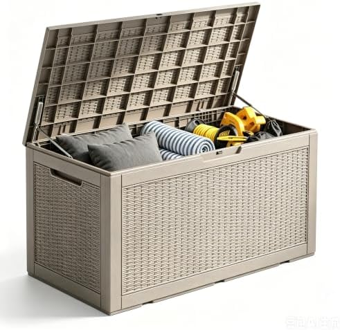 120 Gallon Deck Box,Lockable Outdoor Storage Box Gas Lift,Waterproof Grey