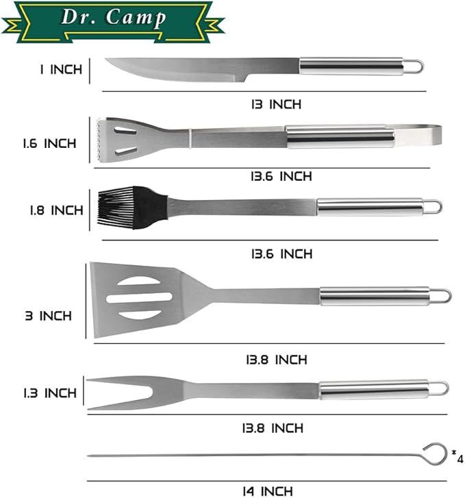 Dr. Camp 9 PCS Grilling Accessories, Grill Set Tools, Stainless Steel Material, BBQ Tool Set