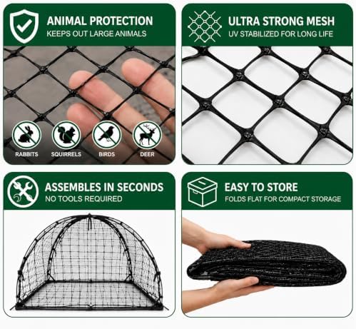NuVue Products 32103 Pop-Up Garden Netting Pest Guard Covers with Ground Spikes, Mesh Plant Cover Tents for Pest and Animal Control, Pack of 2, Black, 36" x 36" x 38"
