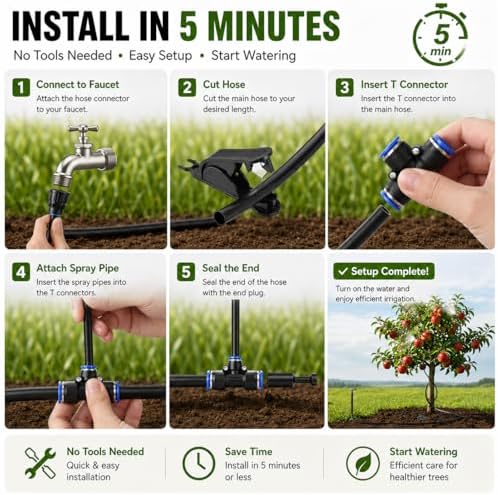 High-Flow Tree Irrigation System, 15FT 12mm Hose & 2Pcs 6.5FT Adjustable Nozzles, for Tree Roots & Canopies Irrigation, Leaf & Fruit Cleaning, Ideal for Fruit Trees & Ornamental Trees