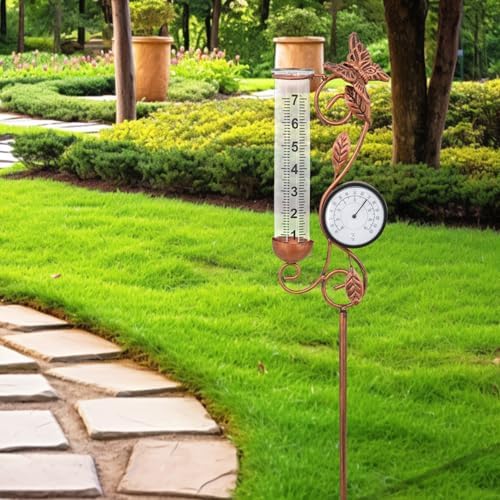 Rain Gauge Outdoor with Thermometer, Butterfly Metal Garden Stake