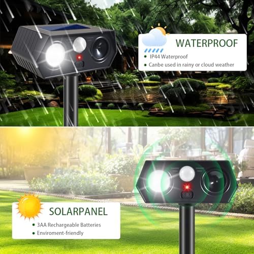 2026 Sonic Fortress Pro Deer Repellent Devices Solar Ultrasonic Animal Repellent Outdoor with Motion Sensor & Flashing Light Cat Squirrel Deterrent to Keep Racoon Rabbit Out of Yard & Garden 4 Pack