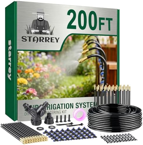 Drip Irrigation System, 2026-Upgrade 200Ft 1/4" Garden Watering System with 40 Pcs 360° Adjustable Copper Nozzles, DIY Kit for Garden, Lawn, Greenhouse, Raised Beds & Outdoor Plants