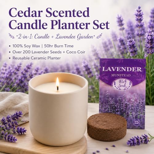 Cedar Scented Candle Planter, Lavender Seeds with Coco Coir, The Growing Candle 100% Soy Wax, Aromatherapy Candle, Ceramic Pot Home Decor Gift, Unique Gardening Gifts for Women Mom Plant Lover
