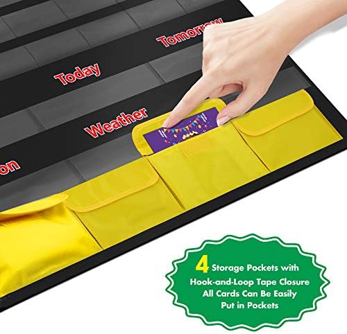 Black Calendar and Weather Pocket Chart with 148 Cards,(108 Illustrated Activity Cards, 40 Dry Erasable Flash Cards and 3 Hooks 28"x35.5")
