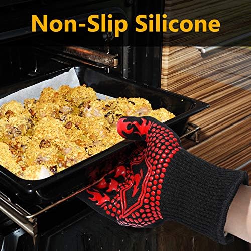 QUWIN BBQ Gloves, BBQ Accessories 1472℉ Extreme Heat Resistant, Grilling Gloves Silicone Non-Slip Oven Mitts, Kitchen Gloves for BBQ, Grilling, Cooking, Baking-1 Pair… (One Size Fits Most, Red)