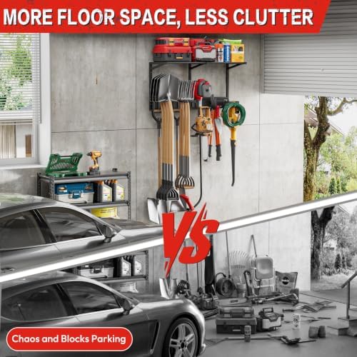 Garage Wall Organizer with Storage Shelves, 32" Garden Tool Organizer with Shelving Units and Hooks Hangers, Heavy Duty Metal Shelf with Shovel Rake Holder, Garage Organization Rack for Yard Shed Lawn