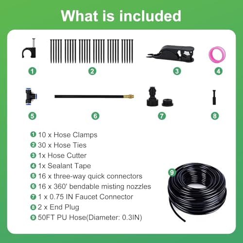 360° Adjustable Drip Irrigation System-50FT Garden Watering System with 16 Brass Nozzles,Irrigation System for Garden/Yard/Lawn,Greenhouse Accessories, 5/16" Tubing Garden Irrigation System