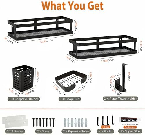 PUSDON 5-in-1 Shower Caddy & Kitchen Organizer Set, Wall Mount Wide Spice Rack with Paper Towel Holder, Utensil Holder, Soap Dish, Rustproof Mesh Baskets Hold 50LBS - Matte Black, Guardrail
