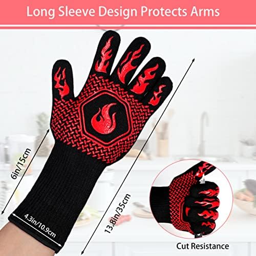 BBQ Gloves 1472F Heat Resistant Non-Slip Silicone 13.8in (Red)