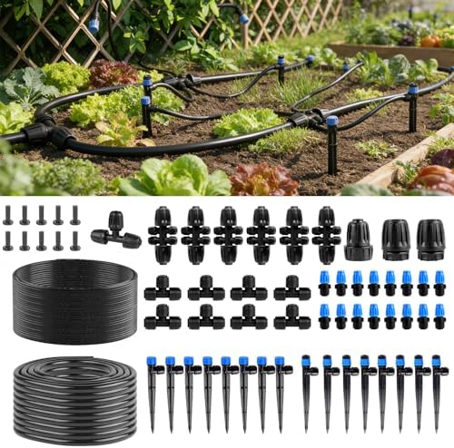Garden Drip Irrigation System - 230FT Quick-Connect Automatic Watering Misting System Kit with 1/2" & 1/4" Tubing, Adjustable Spray Nozzles & Sprinklers for Lawn, Plant Bed, Greenhouse, DIY Irrigation