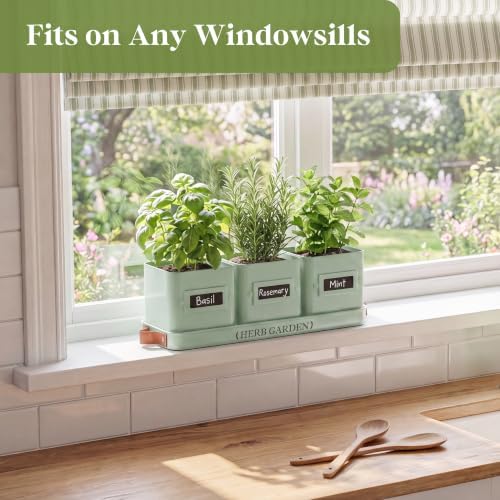 PERFNIQUE Indoor Herb Garden, Herb Planter Set with Tray, Farmhouse Indoor Plant Pots, Windowsill Herb Garden with Drainage(Planter only) for Indoor/Outdoor, Window Pots (Mint)