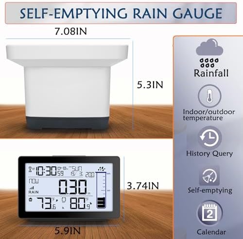 Wireless Rain Gauge Outdoor, Self-Emptying Digital Rain Gauges Outdoors Best Rated, Electronic Rain Measure Gauge for Garden, Freeze Proof Rain Gauge with Thermometer, Remote Rain Meter for Yard