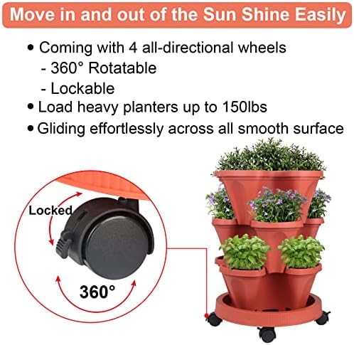 GameXcel Vertical Planter Tower - 3 Tier Stackable Garden Planters with Wheels and Tools Plant Pots for Strawberry Herb Flower and Vegetable Indoor Outdoor Use Red
