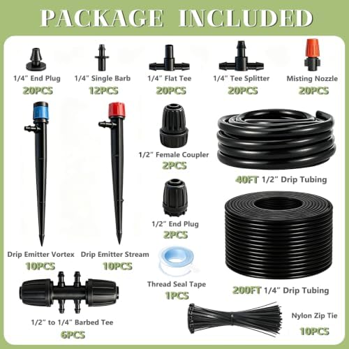 Dianrui 240FT Drip Irrigation System, Automatic Drip Irrigation Kit for Greenhouse/Yard/Lawn/Plant/with 1/2 inch Hose, 1/4 inch Distribution Tubing and Accessories