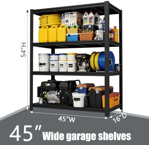 45" W x 16" D x 54" H Heavy Duty Storage Shelves, 4 Tier Adjustable Garage Shelving Unit, Metal Organizer Shelf Utility Rack for Warehouse Pantry Closet Kitchen, Black