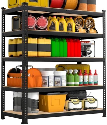 72" H x 35.5" W x 12" D 5-Tier Metal Storage Shelves: Heavy Duty Garage Shelving Adjustable Shelves for Storage - Black Utility Rack Shelf for Pantry, Warehouse, Office, Kitchen