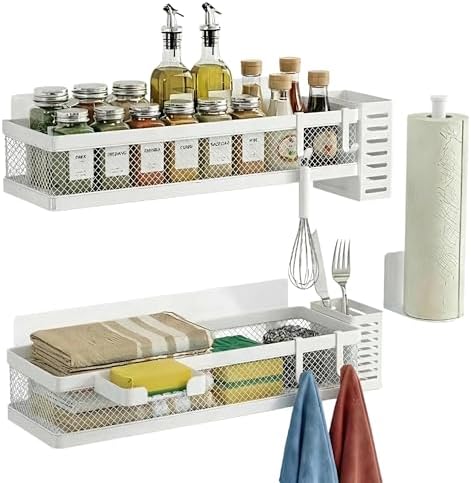PUSDON 5-in-1 16.5" Extra Long Slim Wall Mount Wrapped Mesh Kitchen Organizer & Shower Caddy Kit, with Paper Towel Holder, Utensil Holder, Soap Dish, Holds 50LBS - White, Netting
