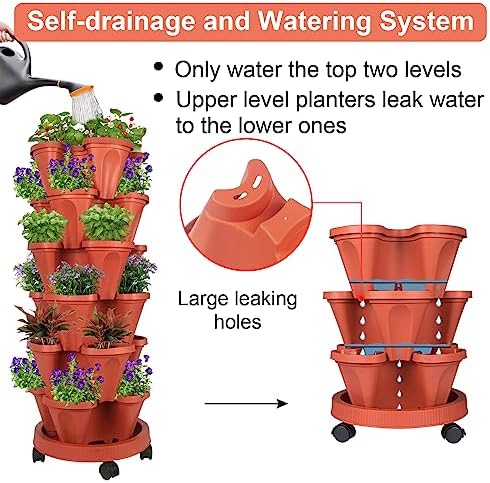 GameXcel Vertical Planter Tower - 6 Tier Stackable Garden Planters with Wheels and Tools Plant Pots for Strawberry Herb Flower and Vegetable Indoor Outdoor Use Red