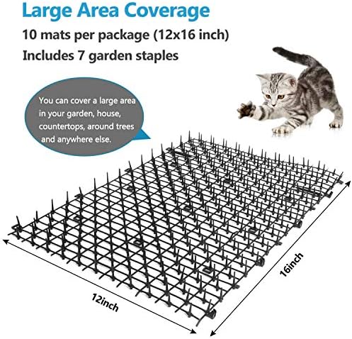 Pomeat 10 PCS Scat Mat for Cats Indoor 16" x 12" with Spikes Sprickle, Digging Deterrent for Dogs, Outdoor for Garden and Fence with 7 Staples