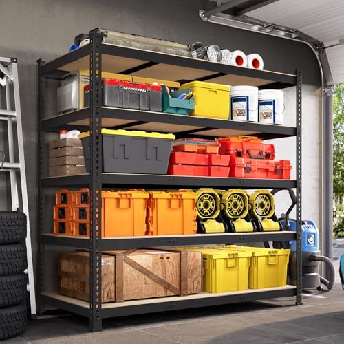 48" W x 24" D x 72" H Garage Shelving Heavy Duty: 5 Tier Metal Storage Shelves - Adjustable Shelving Unit, Utility Rack Shelf for Pantry, Warehouse, Office, Kitchen, Black, 4PCS