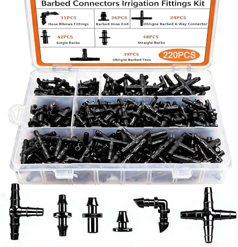 Dianrui 220 PCS Drip Irrigation Kit, Drip Irrigation Parts 1/4'' Tubing Fittings Kit for Garden Lawn Flower Sprinkler Systems-End Plug/ 4-Way Connector/Single barbs/Straight Barbs/Oblique Barbed Tees