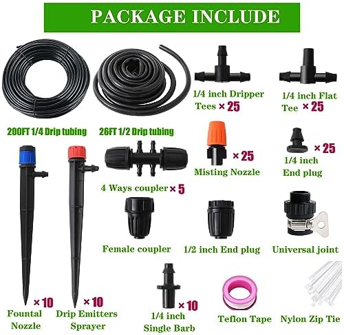 226FT Greenhouse Micro Drip Irrigation Kit Automatic Irrigation System Patio Misting Plant Watering System with 1/4 inch 1/2 inch Blank Distribution Tubing Hose Adjustable Nozzle Emitters Sprinkler