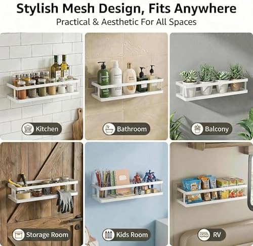 PUSDON 5-in-1 16.5" Extra Long Kitchen Organizer & Shower Caddy Set, Wall Mount Spice Rack with Paper Towel Holder, Utensil Holder & Soap Dish, Rustproof Mesh - White, Guardrail