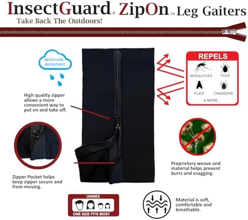 Tick Gaiters - ZipOn Permethrin Treated, Ticks, Mosquitoes, Flies & More Insect Repellent, Unisex Adult