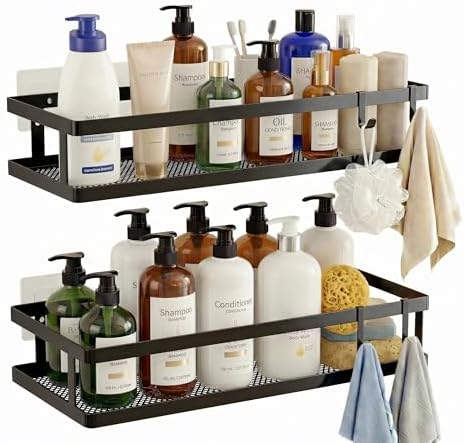 PUSDON 2-Pack Minimalist Shower Caddy Wall Mount, Open Frame Bathroom Shelf Organizer with Mesh Base, Rustproof Floating Spice Rack for Kitchen, Holds 50 LBS, 4 Hooks - Matte Black, Guardrail