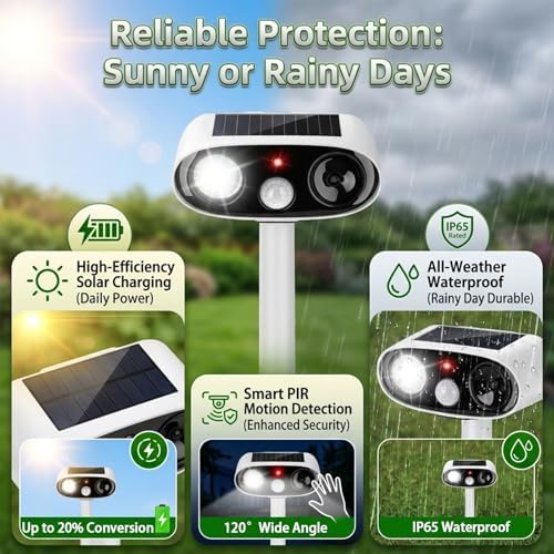 4Pack Solar Animal Repellent Outdoor,Ultrasonic Animal Deterrent with Flash Light,Waterproof Ultrasonic Deer Repeller&Cat Repellent Devices for Garden Yard,Control Rabbit Raccoon Dog Squirrel