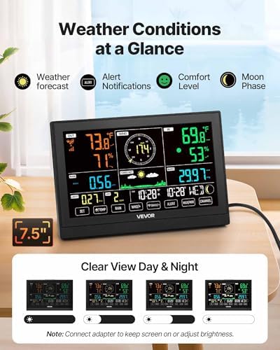 VEVOR 7-in-1 Wi-Fi Weather Station with APP, 7.5 in Display, Wireless Solar Powered Outdoor Sensor, with Pool Thermometer, Rain Gauge, Indoor Outdoor for Weather Forecast, Wind Speed, Pool Temperature