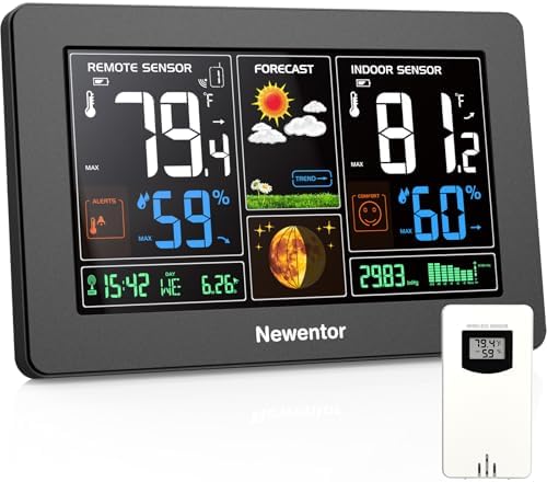 Newentor Weather Station Wireless Indoor Outdoor Thermometer, Black,1Sensor