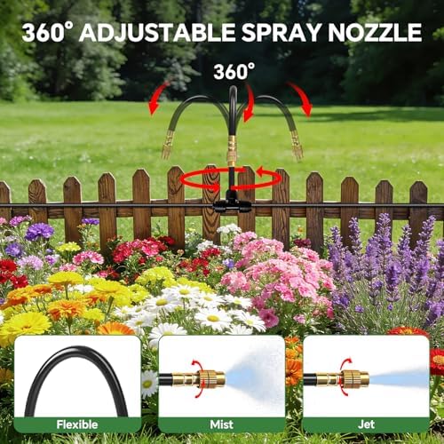 250FT Drip Irrigation System for Garden with 38pcs Adjustable Copper Nozzles & Emitters, Automatic Garden Watering System with 1/2" & 1/4" Tubing for Raised Bed, Yard, Greenhouse, Potted Plants, Lawn
