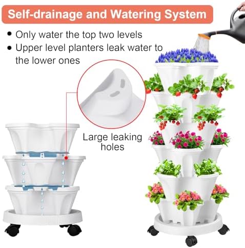 GameXcel Vertical Planter Tower - 6 Tier Stackable Garden Planters with Wheels and Tools Plant Pots for Strawberry Herb Flower and Vegetable Indoor Outdoor Use White