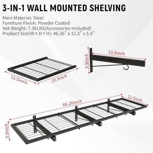 Garage Wall Shelves, 46"X12.5" Garage Shelving Wall Mounted, Heavy Duty Shelf Storage Rack with 4 Hooks, Black Organizer Floating Metal Shelf 160 LBS Capacity for Office, Basement, Laundry Room