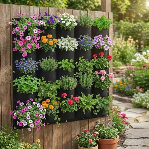 WFIST Vertical Hanging Planter Bag, Breathable Felt Wall Garden Planter with Metal Grommets, Indoor/Outdoor Space-Saving Herb & Flower Growing Pouch (25-Pocket)