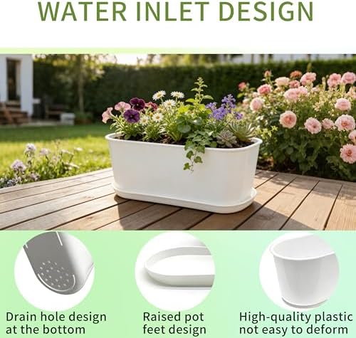 10-Pack White Herb Planter Box with Drip Trays, 8.5 Inch Small Oval Window Planters for Kitchen Sill, Indoor Outdoor, Perfect for Basil, Mint, Succulents, Flowers