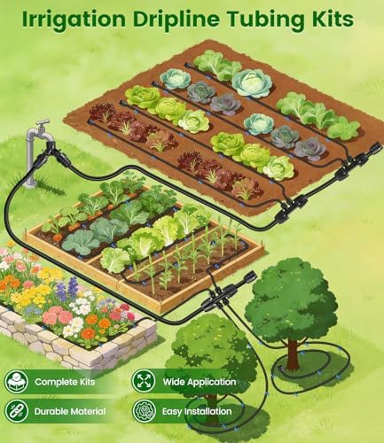 250FT Drip Irrigation Tubing Kit with 1/2 Irrigation tubing, 1/4 inch Dripline, and Irrigation Parts for Garden, Raised Beds, and Greenhouse Watering