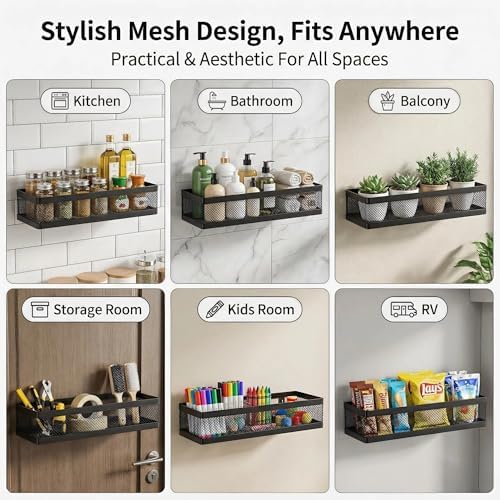 PUSDON 5-in-1 16.5" Extra Long Slim Wall Mount Wrapped Mesh Kitchen Organizer & Shower Caddy Kit, with Paper Towel Holder, Utensil Holder, Soap Dish, Holds 50LBS - Matte Black, Netting