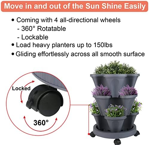 GameXcel Vertical Planter Tower - 3 Tier Stackable Garden Planters with Wheels and Tools Plant Pots for Strawberry Herb Flower and Vegetable Indoor Outdoor Use Dark Gray