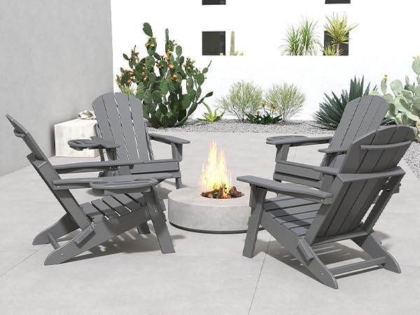FOOWIN Folding Adjustable Adirondack Chair Set of 6,HDPE Adirondack Chair w/4 in 1 Cup Holder Trays,All-Weather Resistant Fire Pit Chair, Outdoor Chair for Patio Lawn Poolside,400lbs,Dark Grey