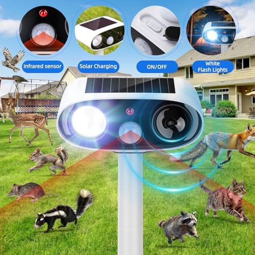 4Pack Solar Animal Repellent Outdoor,Ultrasonic Animal Deterrent with Flash Light,Waterproof Ultrasonic Deer Repeller&Cat Repellent Devices for Garden Yard,Control Rabbit Raccoon Dog Squirrel